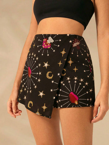 CAJUNI Women Boho Print, Star, Moon, Mushroom, Pineapple Print, Short Black Culottes, Summer Casual, Beach Holiday Shorts