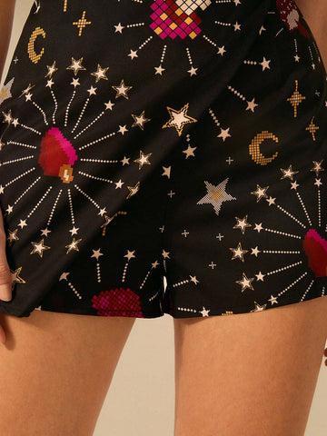 CAJUNI Women Boho Print, Star, Moon, Mushroom, Pineapple Print, Short Black Culottes, Summer Casual, Beach Holiday Shorts