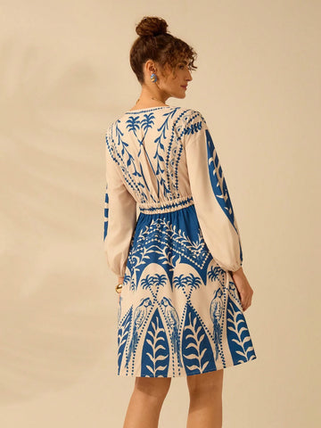 CAJUNI Women Boho Tropical Coconut Tree, Parrot Blue Print, Deep V-Neck Lantern Sleeve Long Sleeve Dress, Holiday Casual Beach Dress