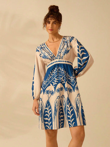 CAJUNI Women Boho Tropical Coconut Tree, Parrot Blue Print, Deep V-Neck Lantern Sleeve Long Sleeve Dress, Holiday Casual Beach Dress