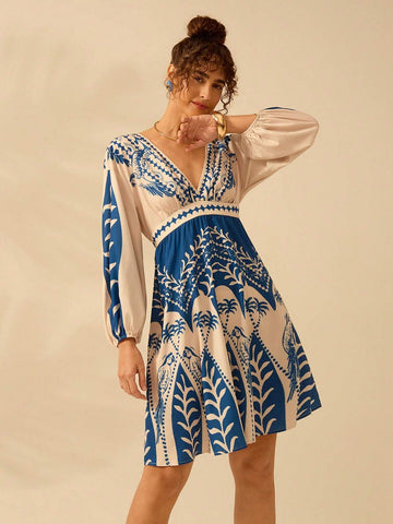 CAJUNI Women Boho Tropical Coconut Tree, Parrot Blue Print, Deep V-Neck Lantern Sleeve Long Sleeve Dress, Holiday Casual Beach Dress