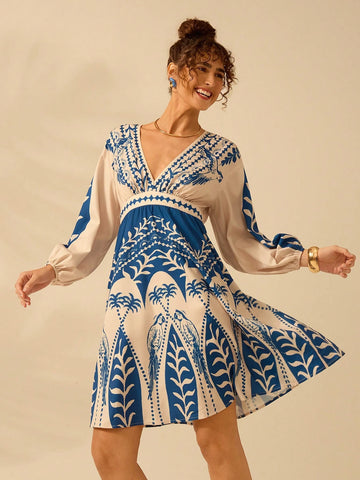 CAJUNI Women Boho Tropical Coconut Tree, Parrot Blue Print, Deep V-Neck Lantern Sleeve Long Sleeve Dress, Holiday Casual Beach Dress