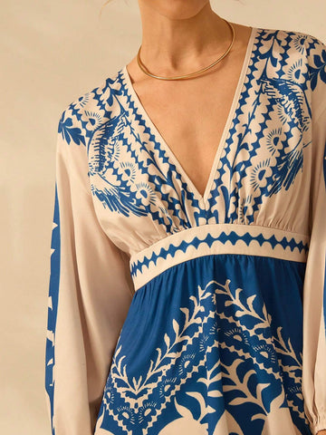 CAJUNI Women Boho Tropical Coconut Tree, Parrot Blue Print, Deep V-Neck Lantern Sleeve Long Sleeve Dress, Holiday Casual Beach Dress