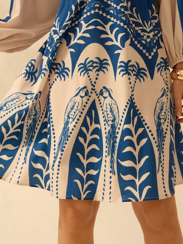 CAJUNI Women Boho Tropical Coconut Tree, Parrot Blue Print, Deep V-Neck Lantern Sleeve Long Sleeve Dress, Holiday Casual Beach Dress