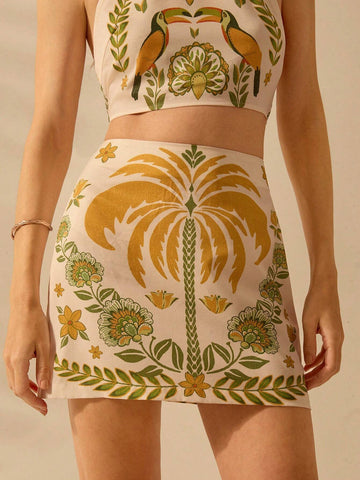 CAJUNI Women Boho Tropical Coconut Tree, Rhododendron Print, Holiday Leisure Summer Beach Low-Rise Mini Skirt
