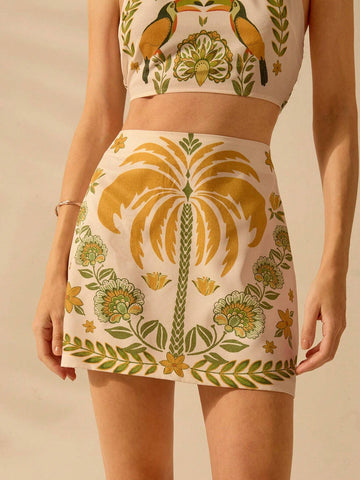CAJUNI Women Boho Tropical Coconut Tree, Rhododendron Print, Holiday Leisure Summer Beach Low-Rise Mini Skirt