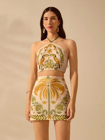 CAJUNI Women Boho Tropical Coconut Tree, Rhododendron Print, Holiday Leisure Summer Beach Low-Rise Mini Skirt