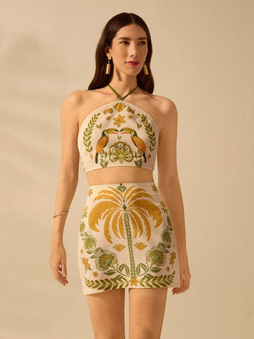 CAJUNI Women Boho Tropical Coconut Tree, Rhododendron Print, Holiday Leisure Summer Beach Low-Rise Mini Skirt