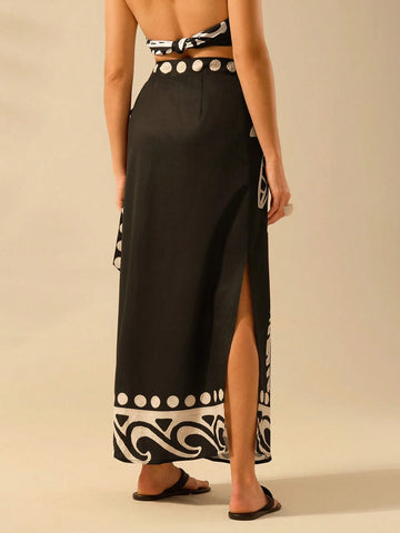 CAJUNI Women Boho Tropical Coconut Tree & Wave Print One-Piece Wrap Skirt, Casual Beach Holiday Sarong