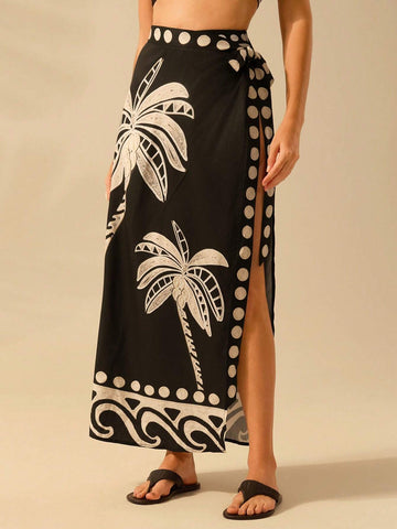 CAJUNI Women Boho Tropical Coconut Tree & Wave Print One-Piece Wrap Skirt, Casual Beach Holiday Sarong