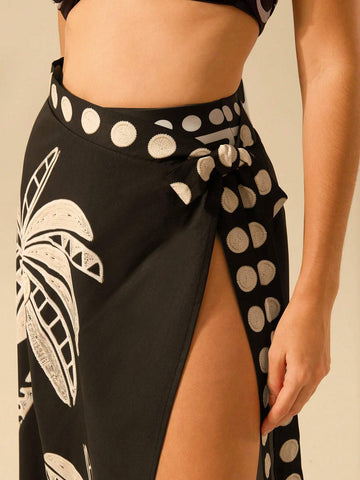 CAJUNI Women Boho Tropical Coconut Tree & Wave Print One-Piece Wrap Skirt, Casual Beach Holiday Sarong