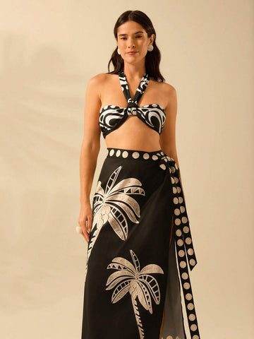 CAJUNI Women Boho Tropical Coconut Tree & Wave Print One-Piece Wrap Skirt, Casual Beach Holiday Sarong