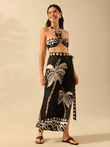 CAJUNI Women Boho Tropical Coconut Tree & Wave Print One-Piece Wrap Skirt, Casual Beach Holiday Sarong