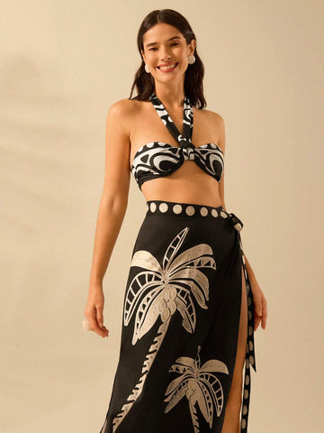 CAJUNI Women Boho Tropical Coconut Tree & Wave Print One-Piece Wrap Skirt, Casual Beach Holiday Sarong