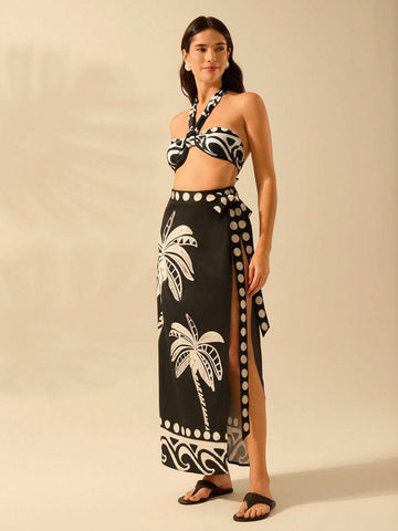 CAJUNI Women Boho Tropical Coconut Tree & Wave Print One-Piece Wrap Skirt, Casual Beach Holiday Sarong