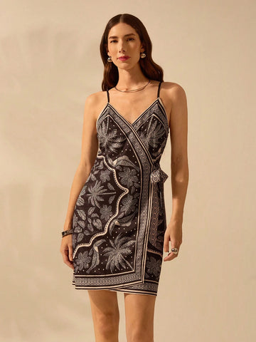 CAJUNI Women Boho Tropical Floral, Coconut Tree, Toucan Print Wrap Front Short Dress, Casual Beach Dress For Summer Vacation