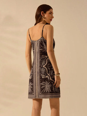 CAJUNI Women Boho Tropical Floral, Coconut Tree, Toucan Print Wrap Front Short Dress, Casual Beach Dress For Summer Vacation