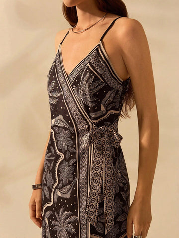 CAJUNI Women Boho Tropical Floral, Coconut Tree, Toucan Print Wrap Front Short Dress, Casual Beach Dress For Summer Vacation