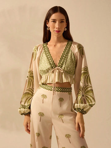 Women Boho Tropical Palm Tree Print V-Neck Lantern Sleeve Tied Shirt