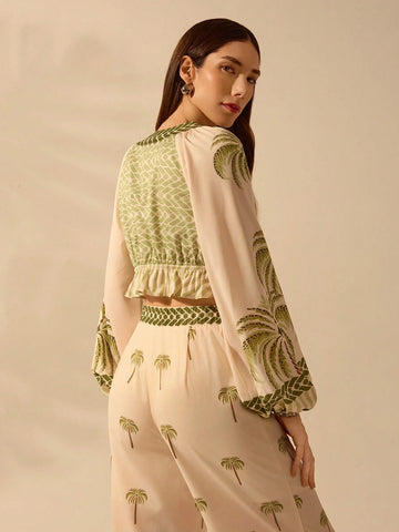 Women Boho Tropical Palm Tree Print V-Neck Lantern Sleeve Tied Shirt