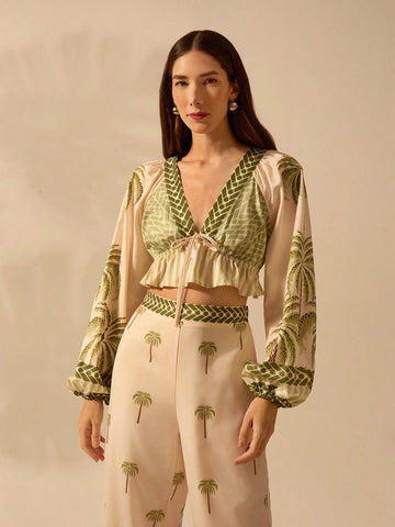 Women Boho Tropical Palm Tree Print V-Neck Lantern Sleeve Tied Shirt