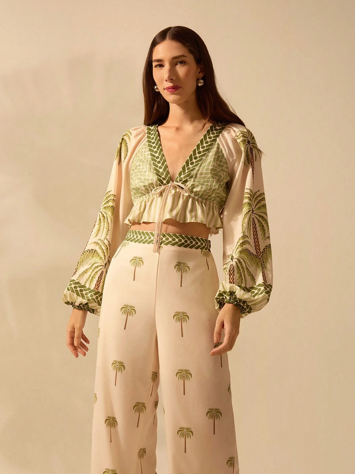 Women Boho Tropical Palm Tree Print V-Neck Lantern Sleeve Tied Shirt