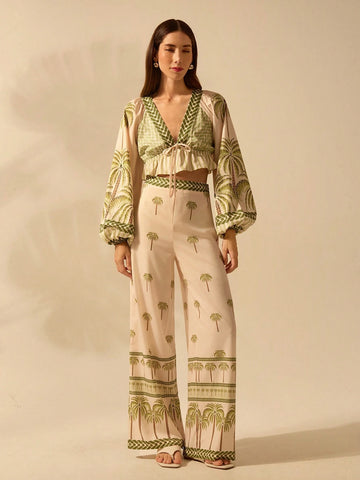 Women Boho Tropical Palm Tree Print V-Neck Lantern Sleeve Tied Shirt