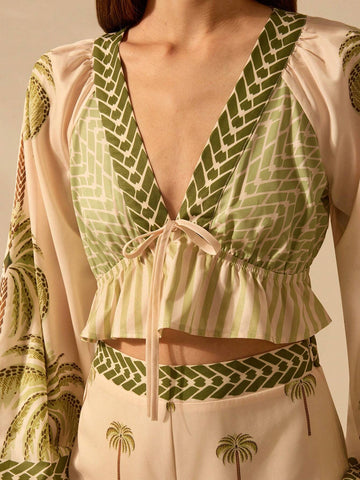 Women Boho Tropical Palm Tree Print V-Neck Lantern Sleeve Tied Shirt