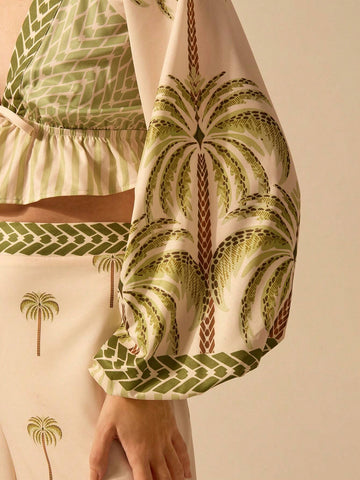 Women Boho Tropical Palm Tree Print V-Neck Lantern Sleeve Tied Shirt