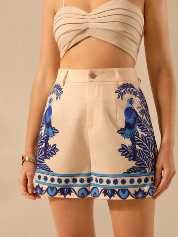 CAJUNI Women Boho Tropical Plant, Parrot Print, Vacation Casual Summer Shorts