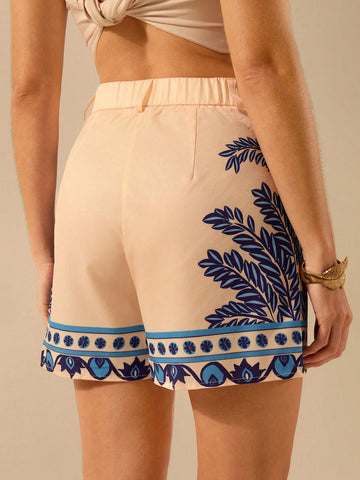 CAJUNI Women Boho Tropical Plant, Parrot Print, Vacation Casual Summer Shorts