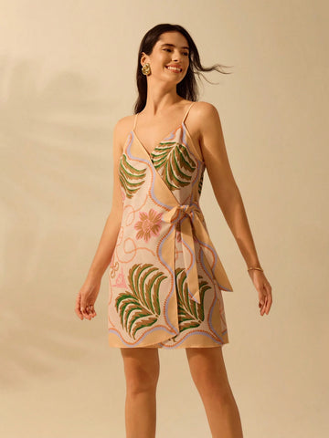Boho Tropical Print Wrap Front Cami Short Dress, Vacation Casual Beach Dress For Summer