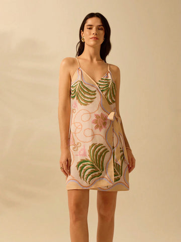 Boho Tropical Print Wrap Front Cami Short Dress, Vacation Casual Beach Dress For Summer