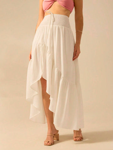 CAJUNI Women Flounce Asymmetrical White Maxi Boho And Elegant Skirt , Perfect For Holiday And Casual Outing