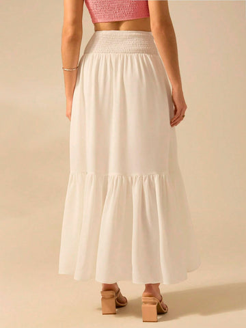 CAJUNI Women Flounce Asymmetrical White Maxi Boho And Elegant Skirt , Perfect For Holiday And Casual Outing