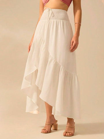 CAJUNI Women Flounce Asymmetrical White Maxi Boho And Elegant Skirt , Perfect For Holiday And Casual Outing