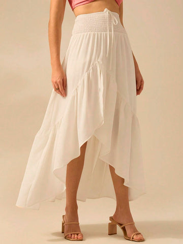 CAJUNI Women Flounce Asymmetrical White Maxi Boho And Elegant Skirt , Perfect For Holiday And Casual Outing