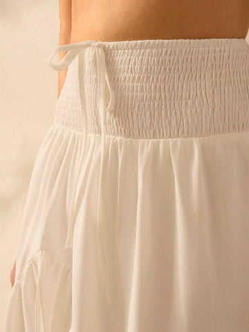 CAJUNI Women Flounce Asymmetrical White Maxi Boho And Elegant Skirt , Perfect For Holiday And Casual Outing