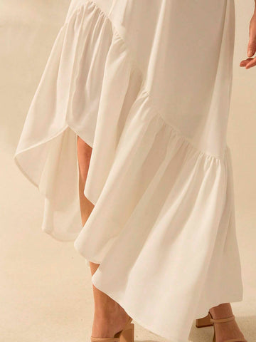 CAJUNI Women Flounce Asymmetrical White Maxi Boho And Elegant Skirt , Perfect For Holiday And Casual Outing