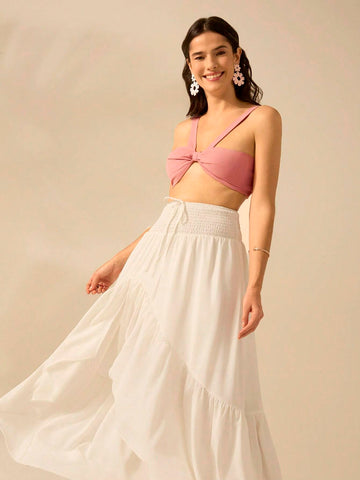 CAJUNI Women Flounce Asymmetrical White Maxi Boho And Elegant Skirt , Perfect For Holiday And Casual Outing