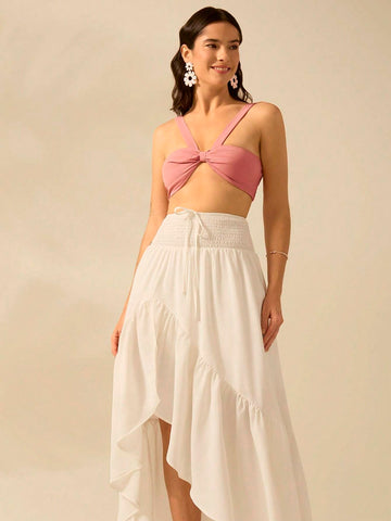 CAJUNI Women Flounce Asymmetrical White Maxi Boho And Elegant Skirt , Perfect For Holiday And Casual Outing