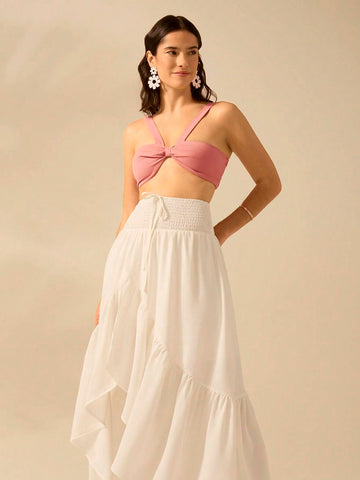 CAJUNI Women Flounce Asymmetrical White Maxi Boho And Elegant Skirt , Perfect For Holiday And Casual Outing