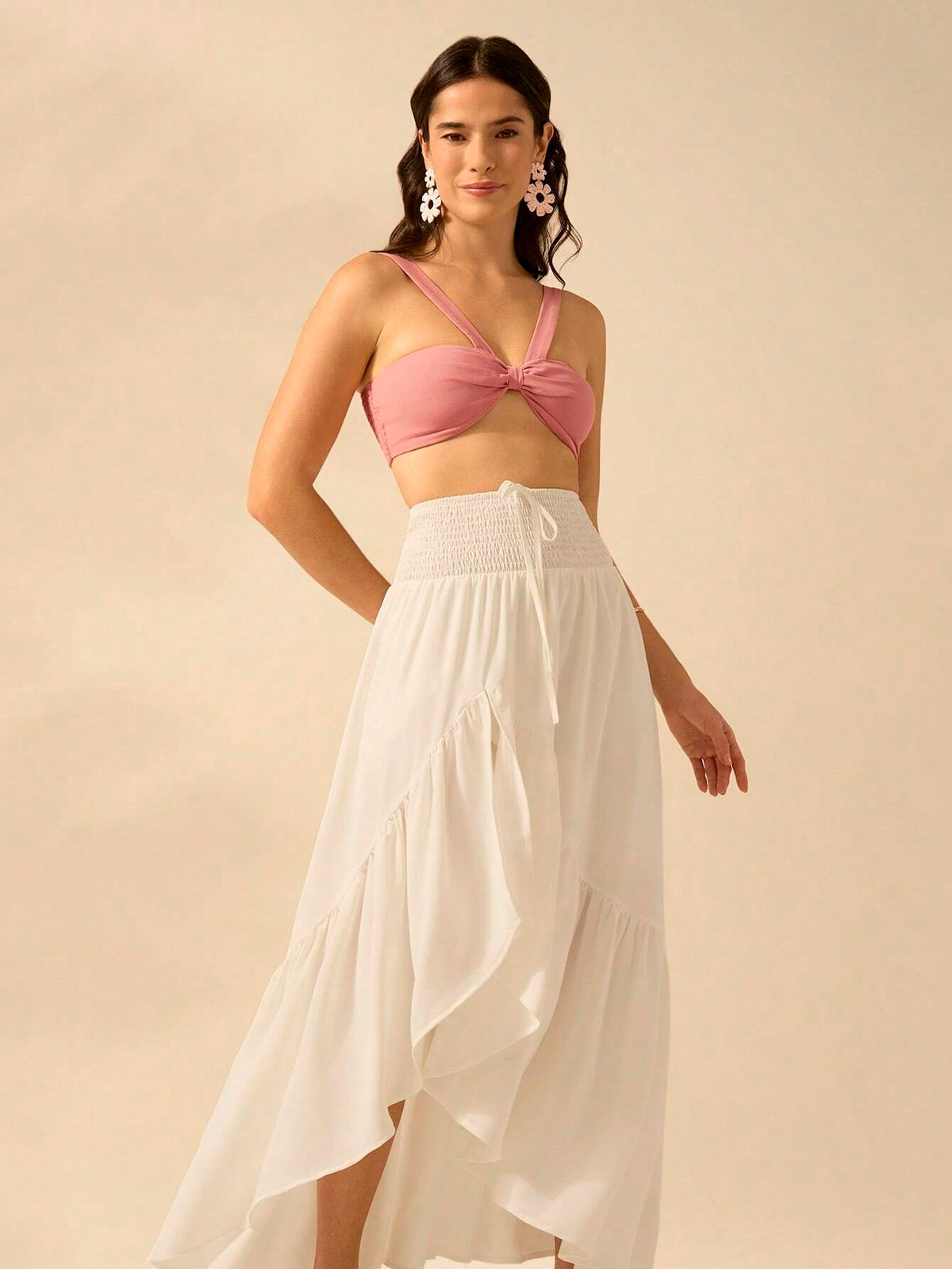 CAJUNI Women Flounce Asymmetrical White Maxi Boho And Elegant Skirt , Perfect For Holiday And Casual Outing