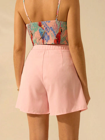 CAJUNI Women Pink Super Short Shorts, Front Hollow Design, Rounded Hem, Summer Beach Casual Shorts