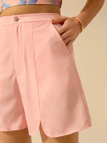 CAJUNI Women Pink Super Short Shorts, Front Hollow Design, Rounded Hem, Summer Beach Casual Shorts