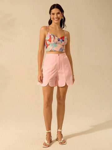 CAJUNI Women Pink Super Short Shorts, Front Hollow Design, Rounded Hem, Summer Beach Casual Shorts