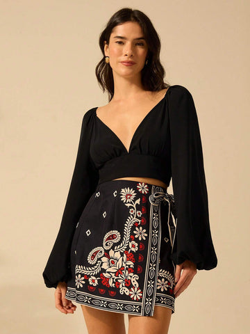 CAJUNI Women Tropical Flower Selenipedium And Azalea Printed Boho Vacation Casual Summer Wrap Lace Up Micro Skirt