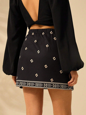 CAJUNI Women Tropical Flower Selenipedium And Azalea Printed Boho Vacation Casual Summer Wrap Lace Up Micro Skirt