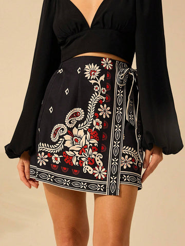 CAJUNI Women Tropical Flower Selenipedium And Azalea Printed Boho Vacation Casual Summer Wrap Lace Up Micro Skirt