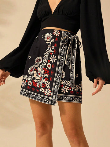 CAJUNI Women Tropical Flower Selenipedium And Azalea Printed Boho Vacation Casual Summer Wrap Lace Up Micro Skirt